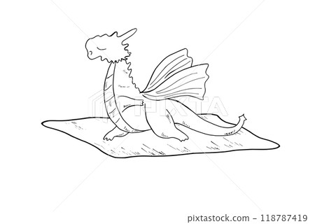 Dragon with wings standing in triangle pose and doing yoga on Pilates mat line art black ink sketch. Animal practicing fitness exercises and meditation vector isolated illustration. For coloring book. 118787419