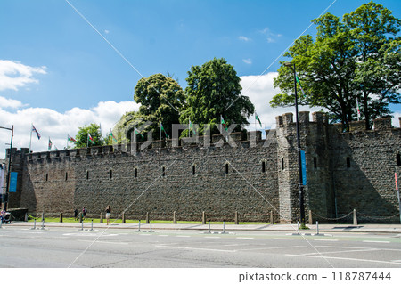 Historic brick walls of Cardiff Castle under bright sunlight in Cardiff, the capital of Wales Historic brick walls of Cardiff Castle under bright sunlight in Cardiff, the capital of Wales 118787444