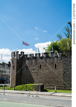 Historic brick walls of Cardiff Castle under bright sunlight in Cardiff, the capital of Wales Historic brick walls of Cardiff Castle under bright sunlight in Cardiff, the capital of Wales 118787446
