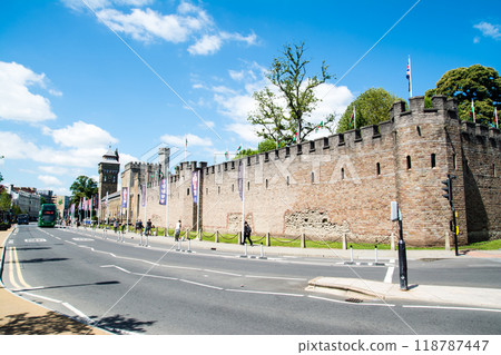 Historic brick walls of Cardiff Castle under bright sunlight in Cardiff, the capital of Wales Historic brick walls of Cardiff Castle under bright sunlight in Cardiff, the capital of Wales 118787447
