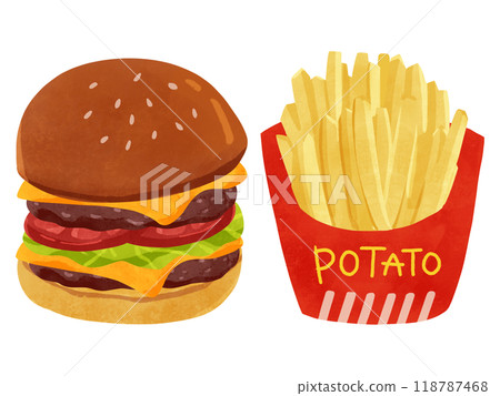 Cheeseburger and french fries watercolor hand-drawn illustration 118787468