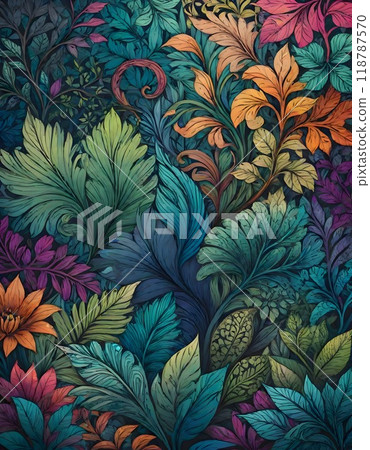 Vibrant, colorful illustration of various tropical leaves and plants in a dense, lush forest, featuring a mix of warm and cool tones, creating a lively and dynamic composition, Generative AI. 118787570