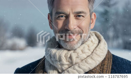 Old man smiling in the snow 118787695