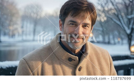 Old man smiling in the snow Old man smiling in the snow 118787699