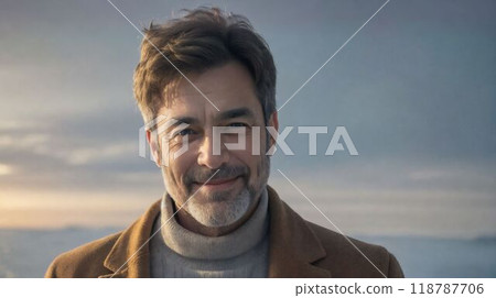 Old man smiling in the snow Old man smiling in the snow 118787706