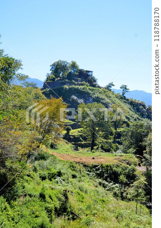 The ruins of Naegi Castle as seen from the remains of Ashigaru Tenement Houses 118788170