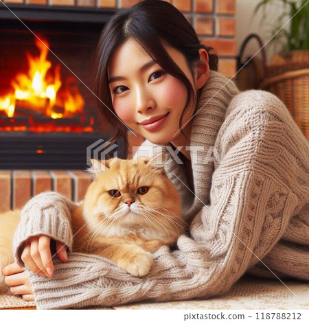 Woman relaxing in front of a fireplace 118788212