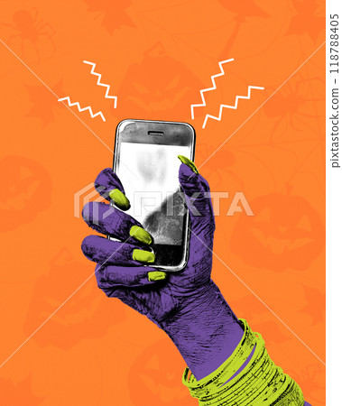Creepy purple hand with green nails holding ringing mobile phone against orange background. News. Creative collage. 118788405