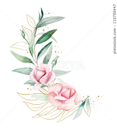 Bouquet made of pink watercolor flowers and green leaves, isolated wedding and greeting illustration Bouquet made of pink watercolor flowers and green leaves, isolated wedding and greeting illustration 118788447