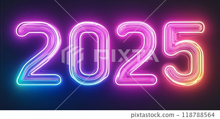 Vibrant neon sign displaying the New year 2025 illuminated in colorful light 118788564