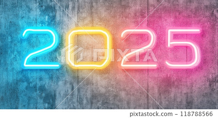 Bright neon numbers representing the New year 2025 against a textured gray background 118788566