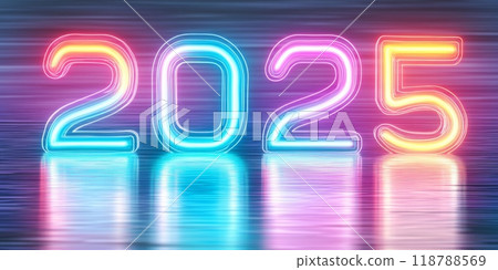 2025 neon numbers on a reflective surface symbolizing the upcoming new year 118788569