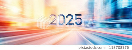 An abstract representation of a futuristic cityscape with the year 2025 prominently displayed in motion blur 118788576