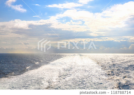 Water trail behind cruise ship. Water trail behind cruise ship. 118788714