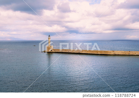 Landmarks of Crete - Panorama View of lighthouse in old harbour of Chania, Greece. Landmarks of Crete - Panorama View of lighthouse in old harbour of Chania, Greece. 118788724