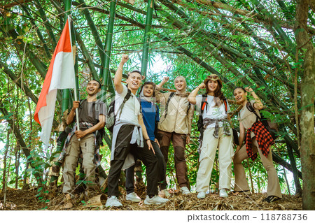 happy travelers success finish hiking mountain journey 118788736