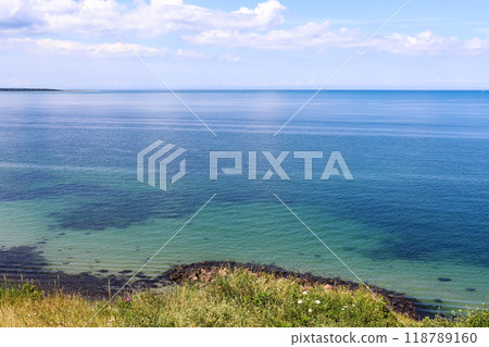 Natural and sea landscape. Beautiful beach blue sea water. Blue sky background. Sea skyline 118789160