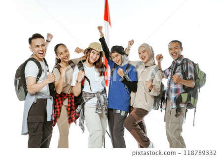 happy young people wearing outdoor activity clothes happy young people wearing outdoor activity clothes 118789332