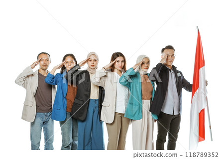 university students holding indonesian flag salute university students holding indonesian flag salute 118789352