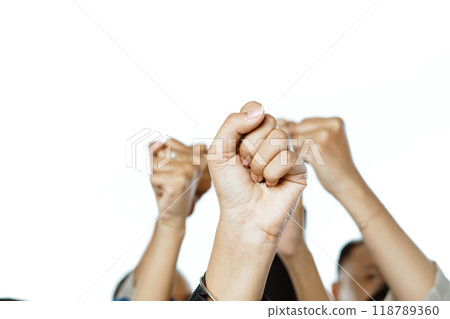 potrait raised hands with fist pump isolated background potrait raised hands with fist pump isolated background 118789360