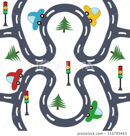 Cute kids seamless pattern with roads and hand drawn cars. Can be used for children's carpet, textiles, board game pattern for boys. 118789463