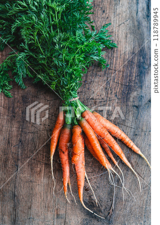 Bunch of organic dirty fresh carrots with greens close up. Bunch of organic dirty fresh carrots with greens close up. 118789945