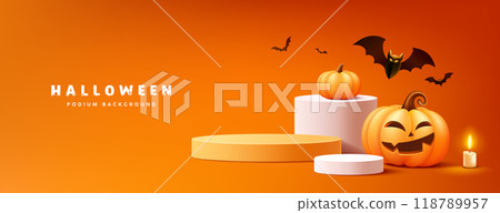 Happy Halloween yellow and white podium display design, pumpkins smile, bat flying Happy Halloween yellow and white podium display design, pumpkins smile, bat flying 118789957
