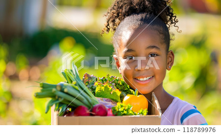 Joyful child, little black girl, with fresh vegetables in a garden setting 118789976