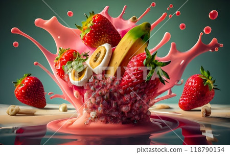 An energetic composition with strawberries, bananas, and leaves flying mid-air, wrapped in swirls of milk. Vibrant colors highlight the fusion of natural elements and fresh produce 118790154