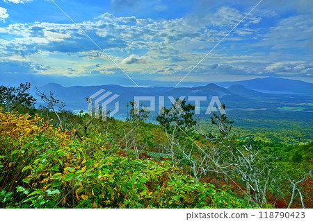 Panorama of Mount Iou and Lake Kussharo seen from Lake Mashu No. 1 Observation Deck 118790423