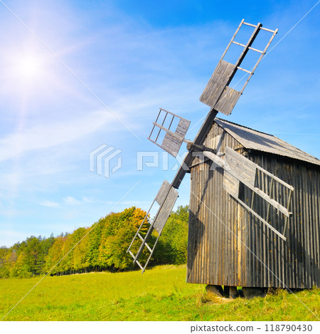 Old windmill in the Museum of National Architecture in Pirogovo, Ukraine. Old windmill in the Museum of National Architecture in Pirogovo, Ukraine. 118790430