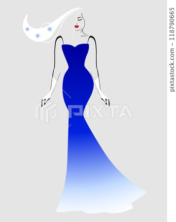 Young and beautiful girl in a long blue dress, with snowflakes in her hair standing on a gray background. Young and beautiful girl in a long blue dress, with snowflakes in her hair standing on a gray background. 118790665