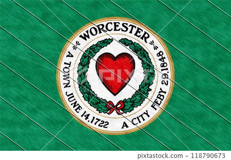 Flag of the city of Worcester, Massachusetts, USA, on a background of a wooden fence. Conceptual collage 118790673