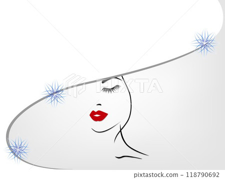 White and gray background with a woman in a hat with snowflakes. 118790692