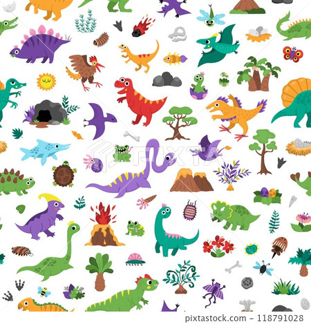 Vector dinosaur seamless pattern. Cute prehistoric animal repeat background. Dino digital paper with Pterodactyl, Stegosaurus, Tyrannosaurus, Triceratops, T-Rex for kids Vector dinosaur seamless pattern. Cute prehistoric animal repeat background. Dino digital paper with Pterodactyl, Stegosaurus, Tyrannosaurus, Triceratops, T-Rex for kids 118791028