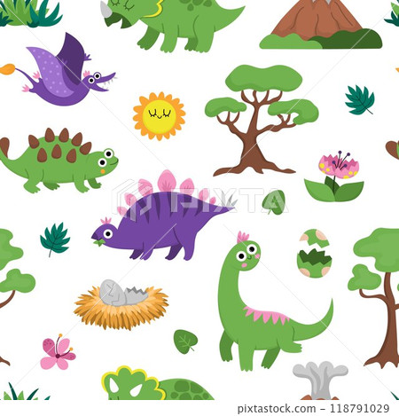 Vector dinosaur seamless pattern. Cute prehistoric animal repeat background. Dino digital paper with Pterodactyl, Stegosaurus, Triceratops, brachiosaurus for kids Vector dinosaur seamless pattern. Cute prehistoric animal repeat background. Dino digital paper with Pterodactyl, Stegosaurus, Triceratops, brachiosaurus for kids 118791029
