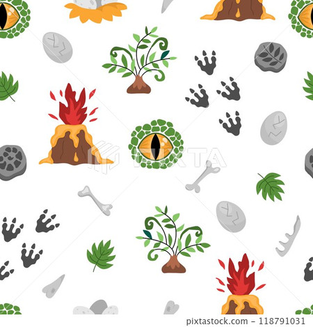 Vector dinosaur seamless pattern. Cute prehistoric animal symbols repeat background. Dino digital paper with volcano, footprints, bones, egg, eye for kids Vector dinosaur seamless pattern. Cute prehistoric animal symbols repeat background. Dino digital paper with volcano, footprints, bones, egg, eye for kids 118791031