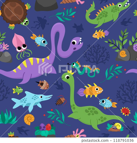 Vector marine dinosaur seamless pattern with plesiosaur. Cute prehistoric animal repeat background with elasmosaur, mosasaur, ichthyosaur. Ocean, sea or water dino digital paper for kids Vector marine dinosaur seamless pattern with plesiosaur. Cute prehistoric animal repeat background with elasmosaur, mosasaur, ichthyosaur. Ocean, sea or water dino digital paper for kids 118791036