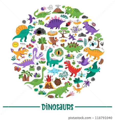 Vector dinosaur round frame with Pterodactyl, Stegosaurus, Tyrannosaurus, Triceratops, T-Rex. Prehistoric animal card template design for banner, invitation. Dino party elements for kids 118791040