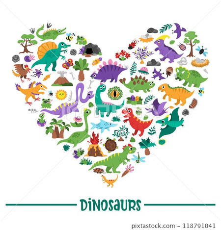 Vector dinosaur heart shaped frame with Pterodactyl, Stegosaurus, Tyrannosaurus, Triceratops, T-Rex. Prehistoric animal card template design for banner, invitation. Dino party elements for kids 118791041