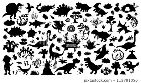 Vector dinosaur silhouettes set. Cute prehistoric animal icons collection. Dino black shadow illustrations with Pterodactyl, Stegosaurus, Tyrannosaurus, Triceratops, T-Rex, paleontologist for kids 118791050