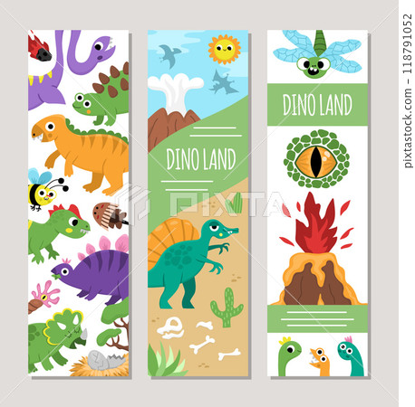 Cute dinosaur bookmarks set with Pterodactyl, Stegosaurus, Tyrannosaurus, Triceratops, T-Rex. Vector cartoon prehistoric vertical cards collection. Book mark print templates pack 118791052