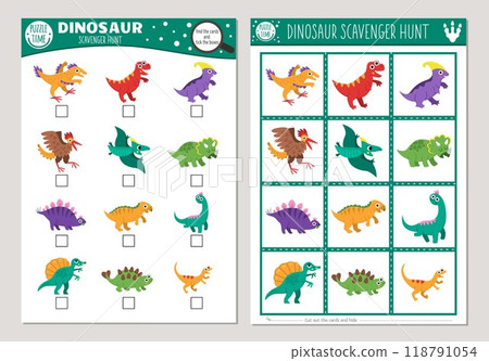 Vector dinosaur scavenger hunt cards set. Seek and find game with cute Pterodactyl, Stegosaurus, Triceratops, T-Rex for kids. Prehistoric searching activity. Educational printable worksheet 118791054