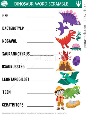 Vector dinosaur word scramble activity page. English language game with tyrannosaur, pterosaur, stegosaur for kids. Prehistoric family quiz with cute dino. Educational printable worksheet 118791058