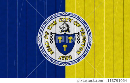Flag of the city of Trenton, New Jersey, USA, on a background of a wooden fence. Conceptual collage Flag of the city of Trenton, New Jersey, USA, on a background of a wooden fence. Conceptual collage 118791064