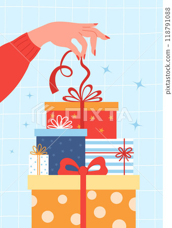 Elegant female hand unties bow from gift on pile of gift boxes. Big gift mountain. Vector illustration. Holiday decoration card. 118791088