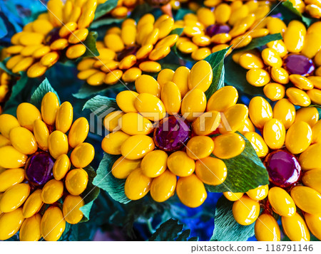 Stunning bunch of sunflowers made with typical Sulmona's confetti, Italy Stunning bunch of sunflowers made with typical Sulmona's confetti, Italy 118791146