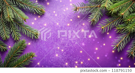 Christmas Fir Branches on Purple Glitter Background Christmas Fir Branches on Purple Glitter Background 118791150