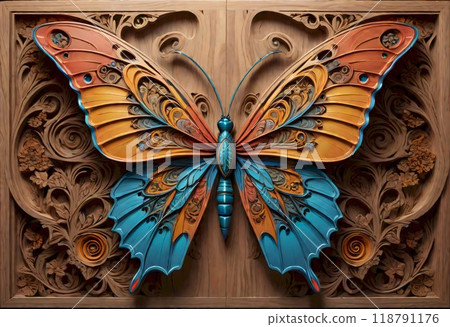 Wooden carved artwork of a butterfly with detailed patterns in shades of orange and blue, set against a wooden background, Generative AI. Wooden carved artwork of a butterfly with detailed patterns in shades of orange and blue, set against a wooden background, Generative AI. 118791176