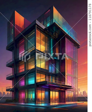 Modern building with neon lights at night, featuring futuristic architecture and urban design, Generative AI. 118791178